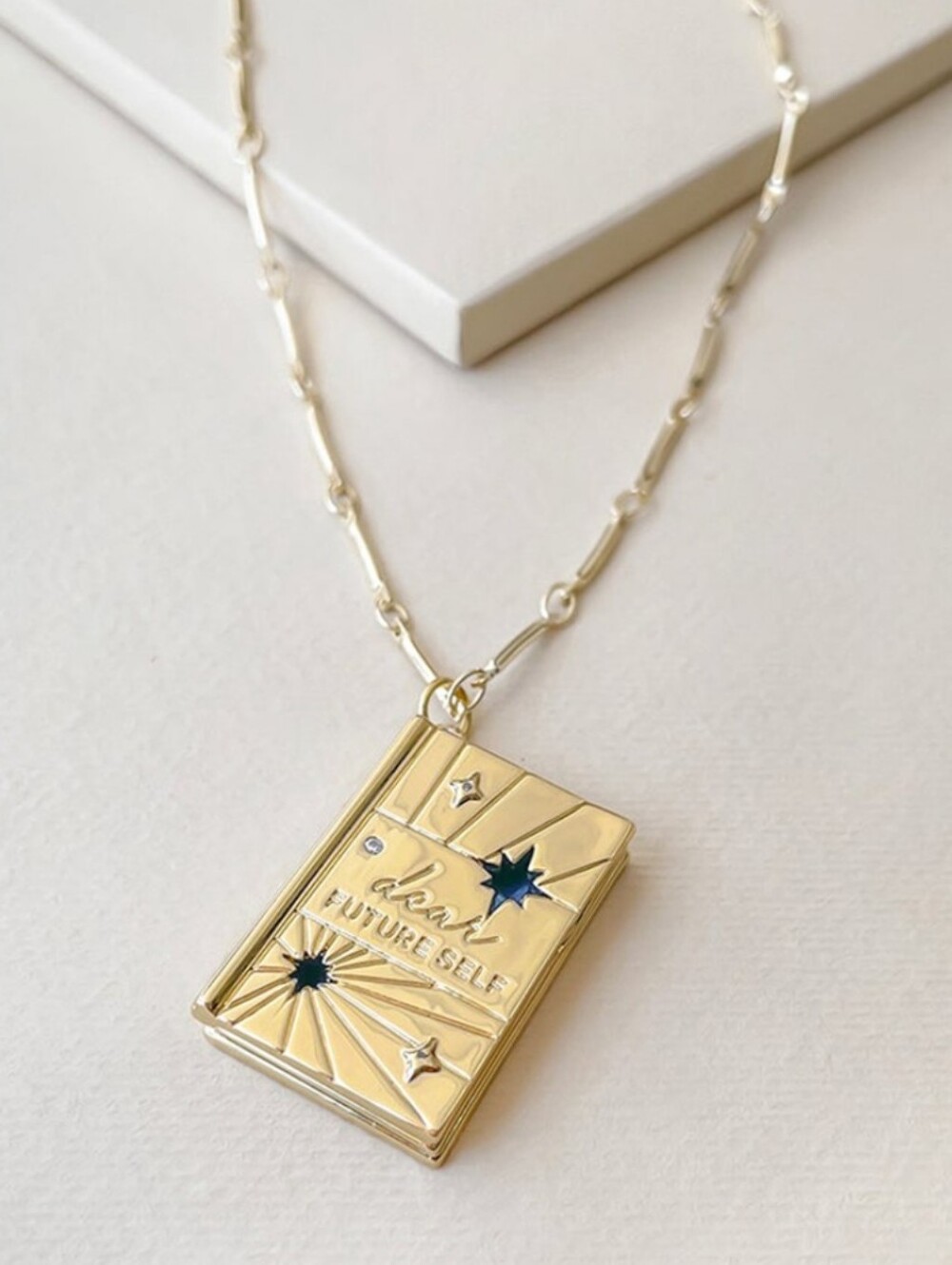 Wanderlust + Co Gold Book Pendant "Dear Future Self" Necklace with Navy Accents